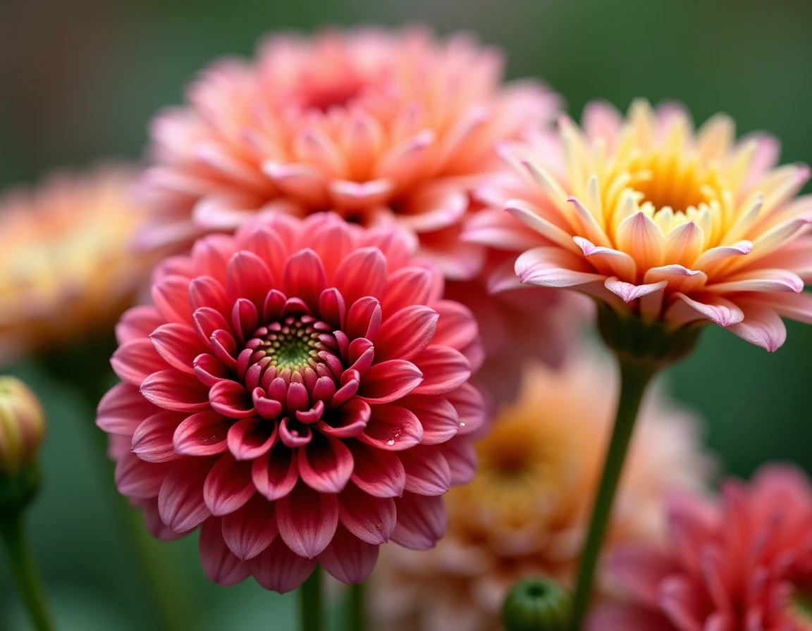 Gros plan sur des dahlias et zinnias en fleurs aux tons corail et fuchsia avec des gouttes de rosée sur les pétales