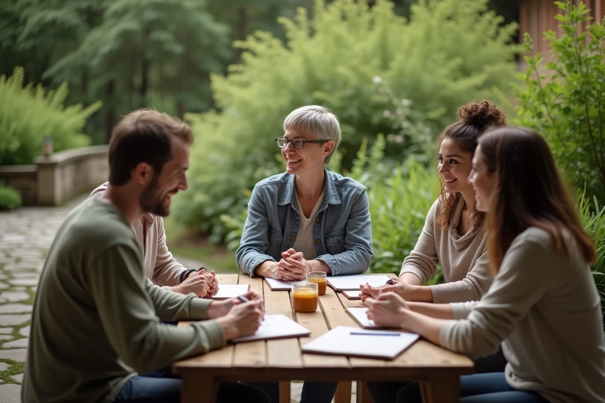 Groupe d etudiants discutant en plein air dans un jardin calme