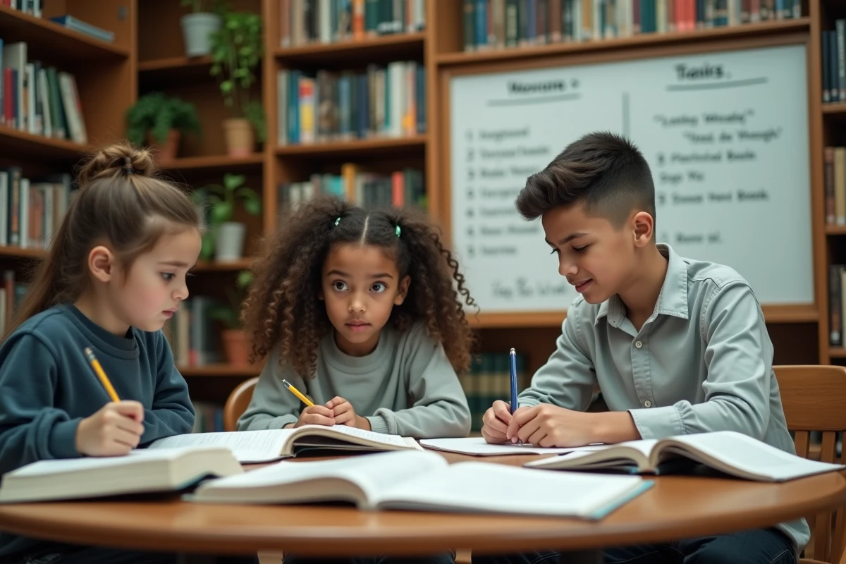 Groupe de lycéens en seconde travaillant ensemble en bibliothèque scolaire