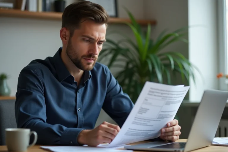 Homme analysant un avis de confiance sur une plateforme en ligne à son bureau à domicile
