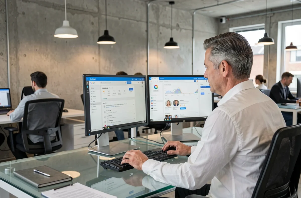 Homme comparant AOL Mail et Google sur deux écrans dans un bureau professionnel contemporain