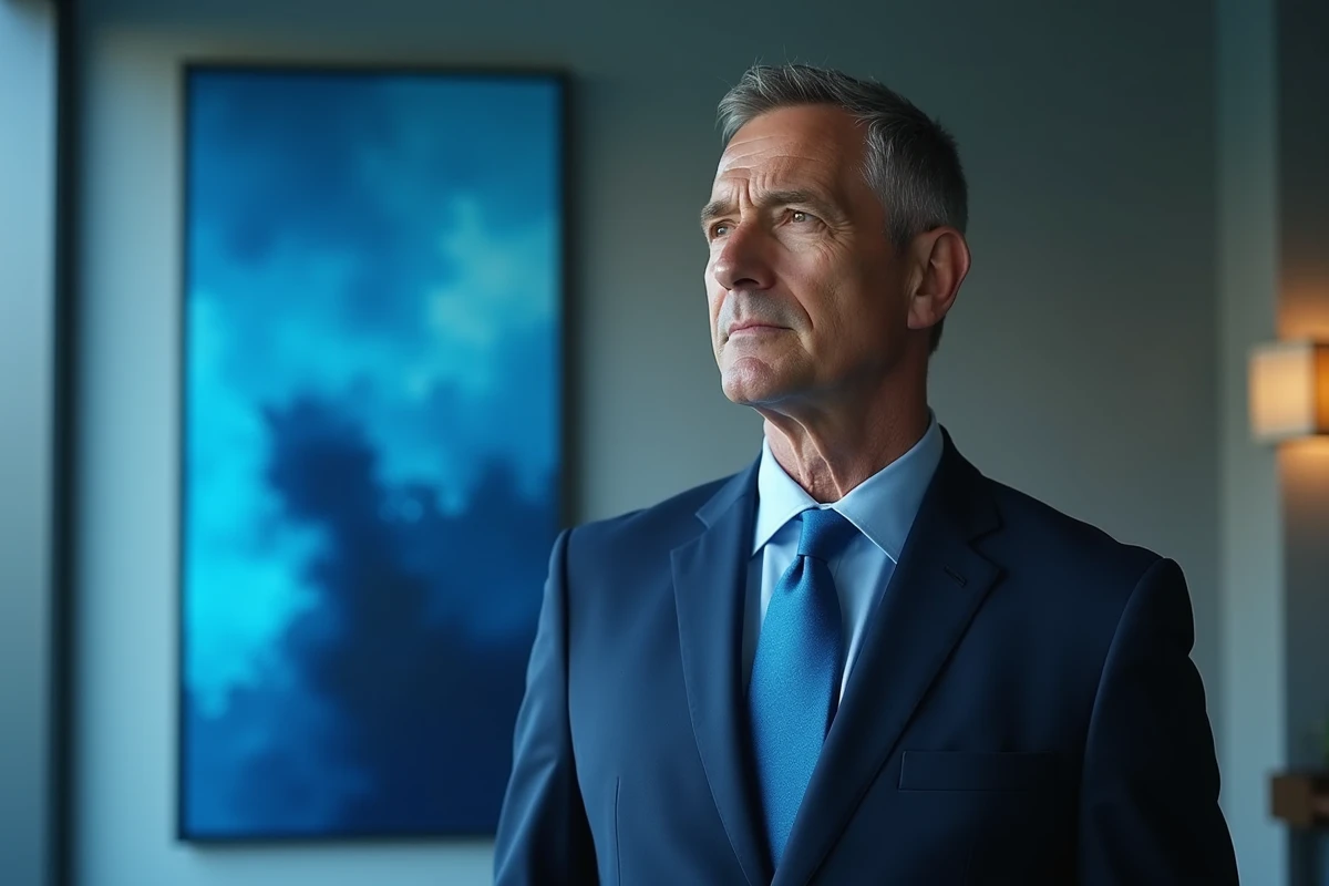 Homme en costume bleu électrique dans un bureau contemporain