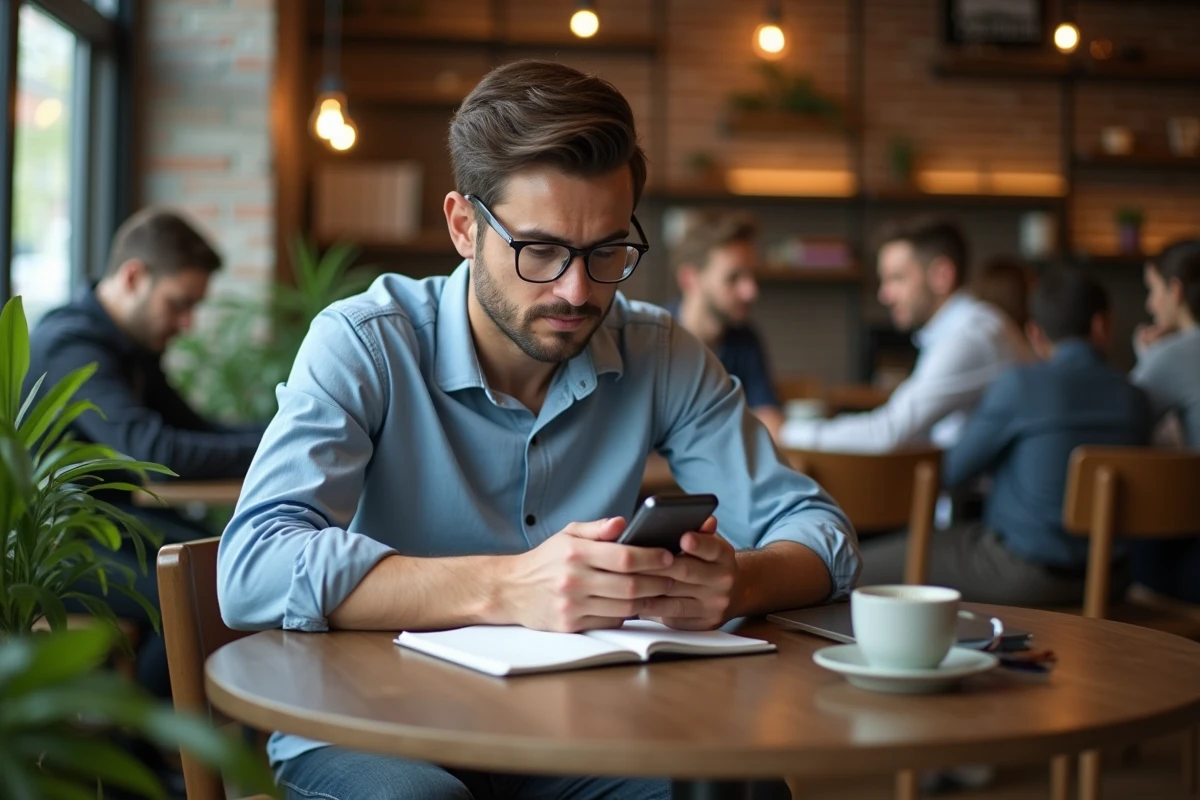 Jeune homme au café utilisant son smartphone dans une ambiance animée