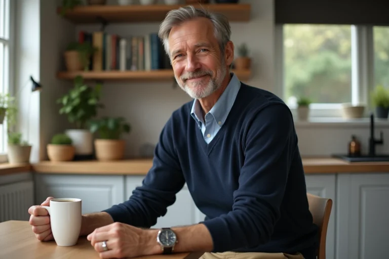 Homme souriant dans une cuisine moderne avec café