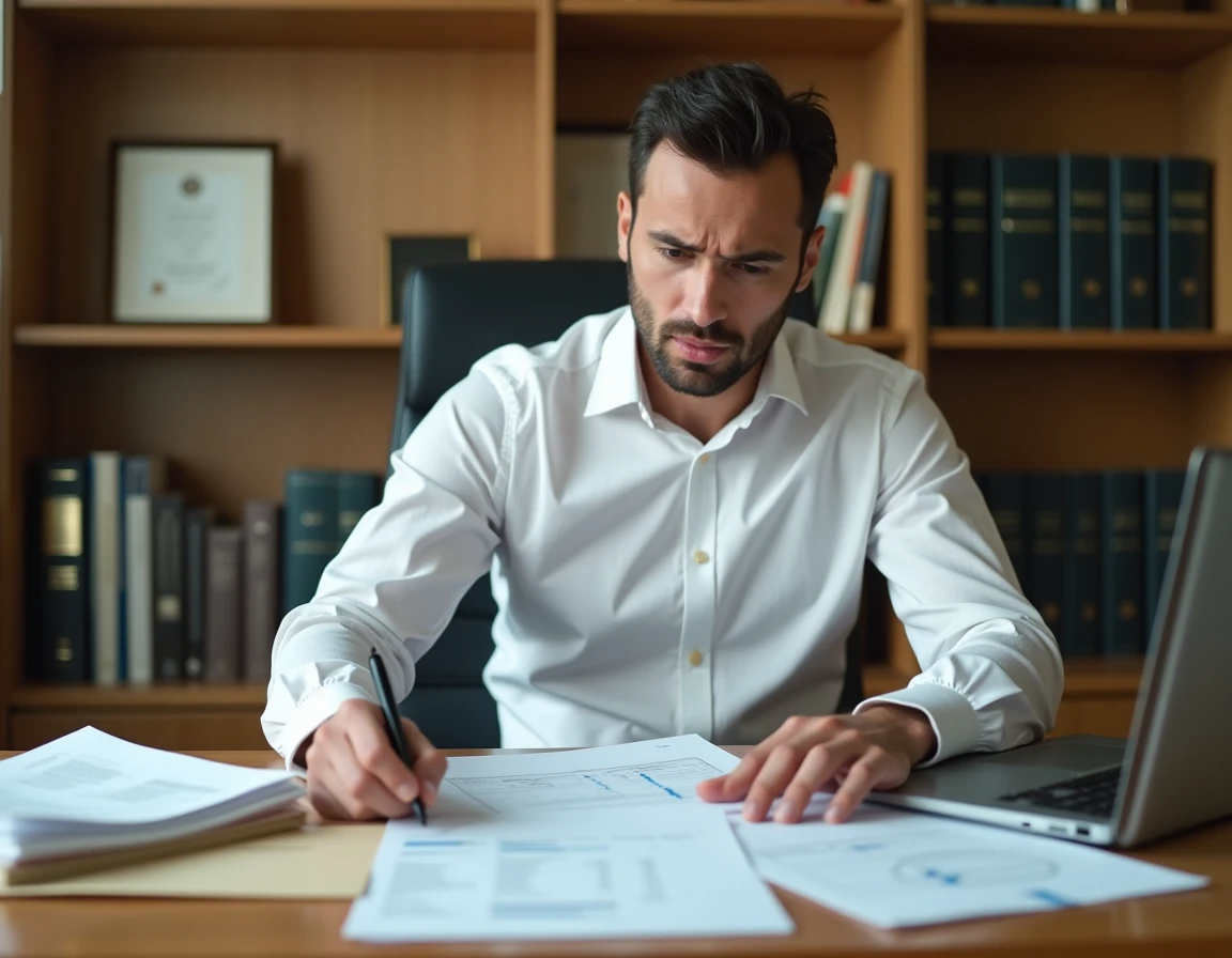 Homme consultant des documents financiers avant une expatriation avec des dettes à régler