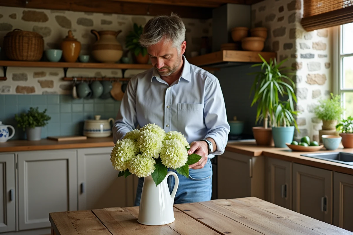 Homme arrangeant des hortensias dans la cuisine rustique