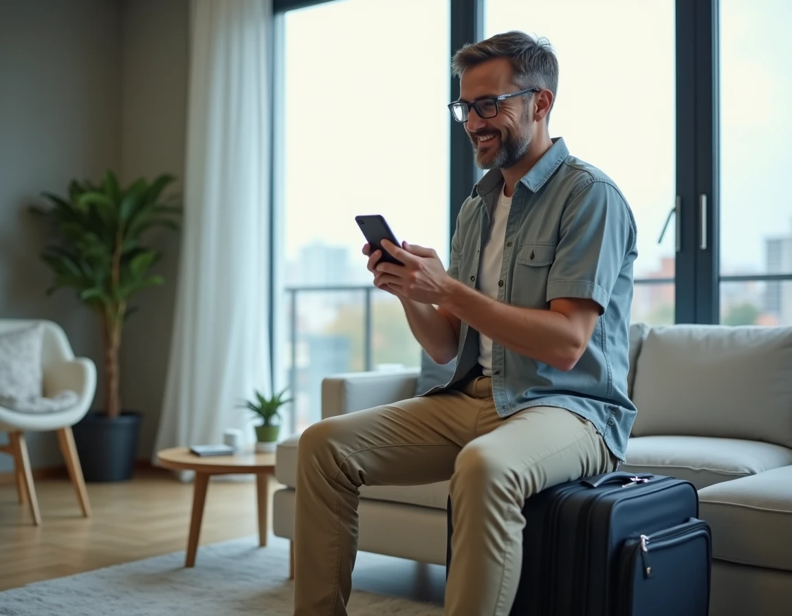 Homme vérifiant les détails de sa location de vacances en appartement moderne en ville sur son smartphone