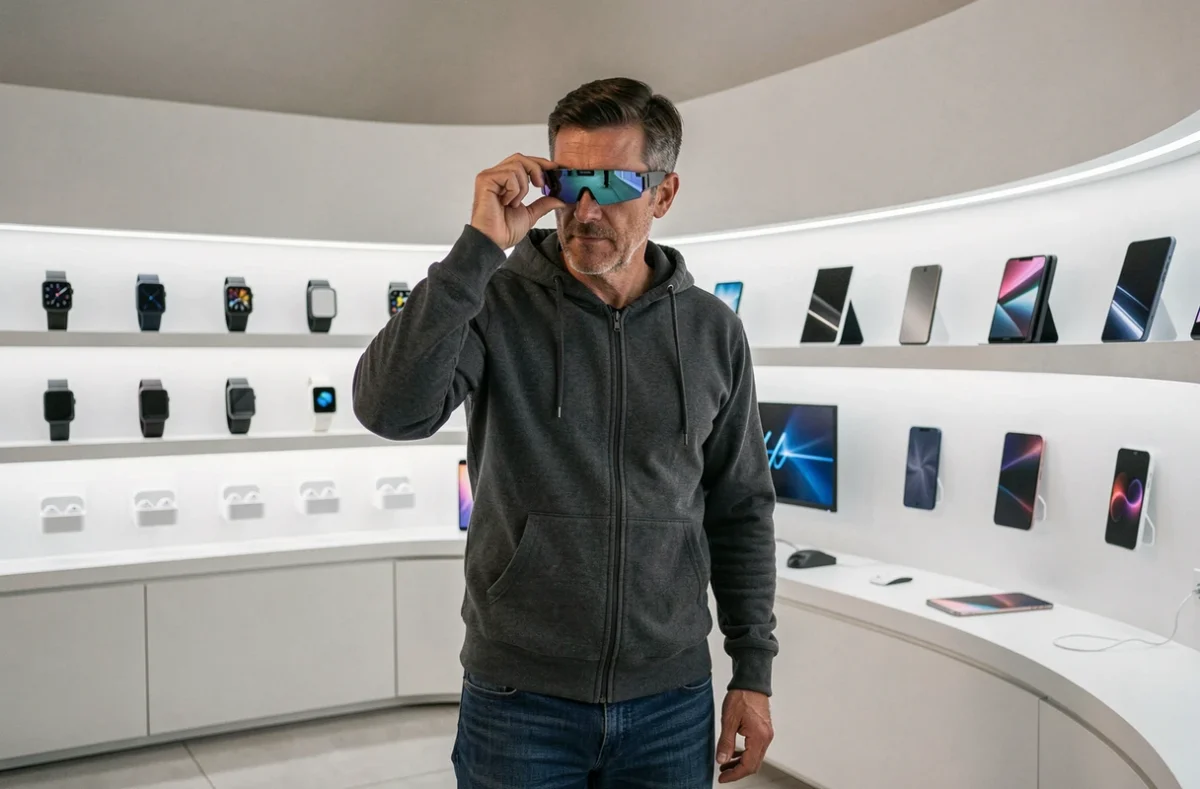Homme examinant des lunettes de réalité augmentée dans un showroom high tech moderne avec mur d'écrans
