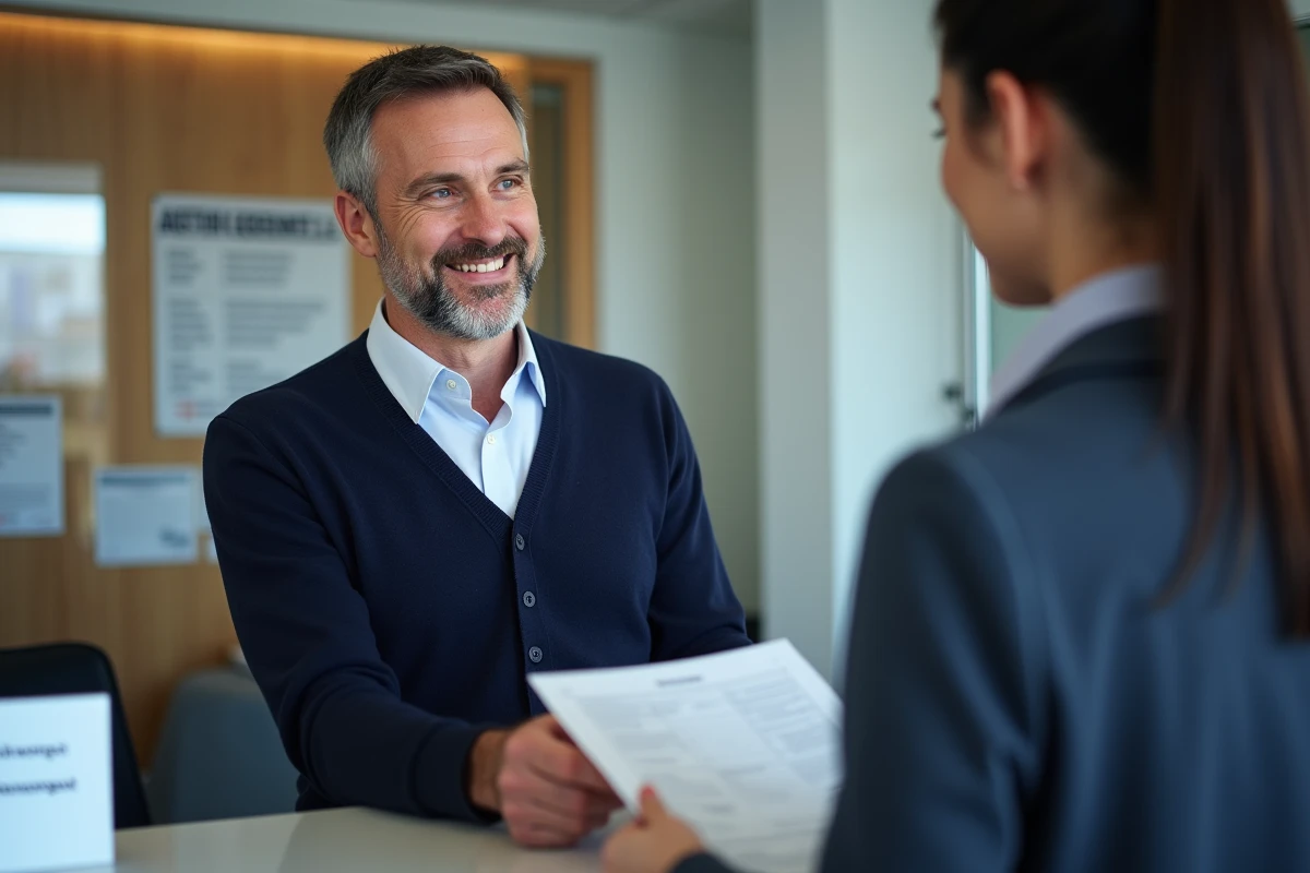 Homme au guichet administratif avec formulaire action logement