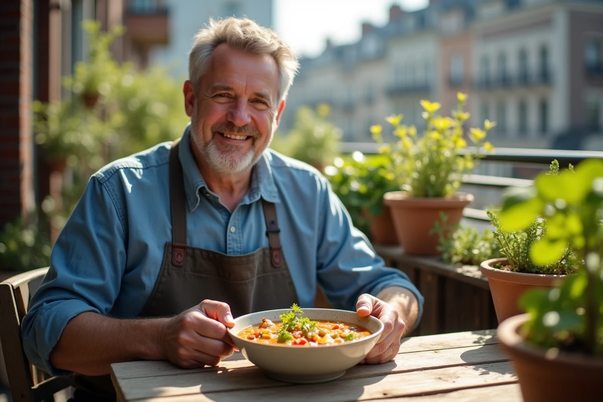 Homme dégustant une soupe de légumes dans un jardin urbain