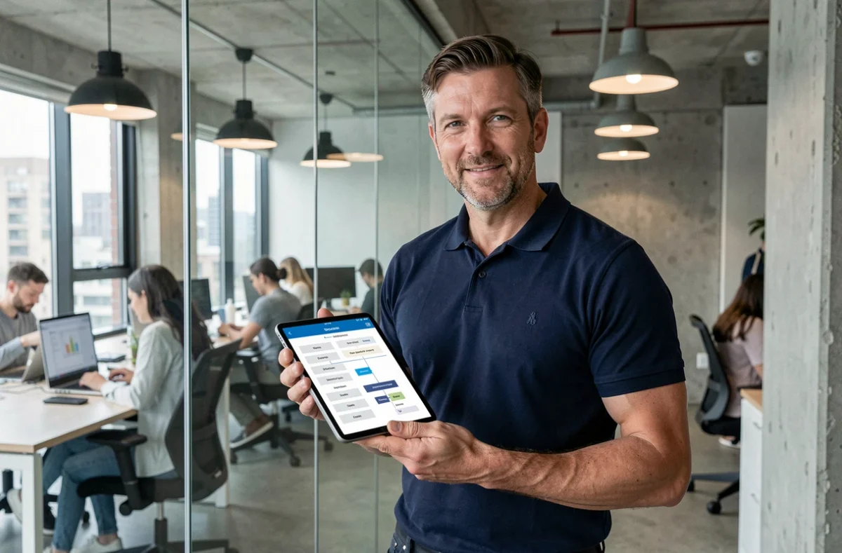 Homme debout dans un espace de coworking consultant une carte de navigation de site web sur une tablette numérique