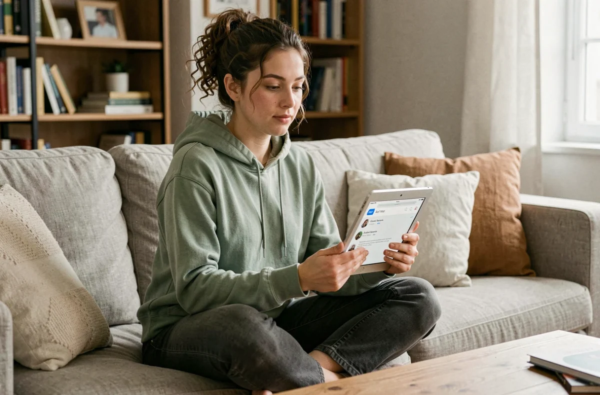 Jeune femme utilisant l'application AOL Mail connectée à Google sur une tablette dans un salon cosy