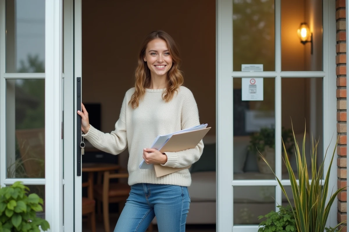 Jeune femme souriante près de la porte d