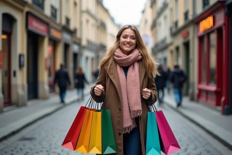 Jeune femme souriante avec sacs shopping dans les rues de Nantes