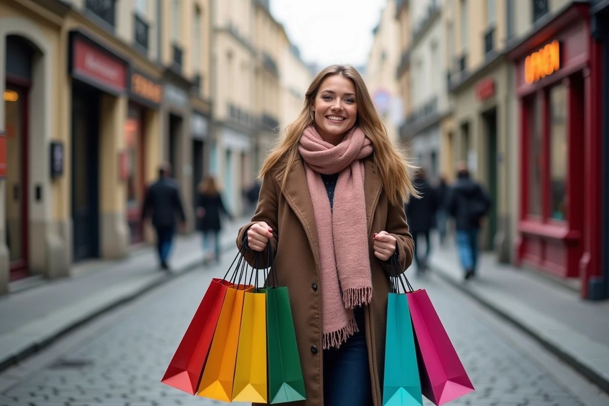 Jeune femme souriante avec sacs shopping dans les rues de Nantes