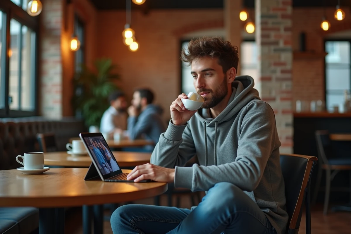 Jeune homme détendu regardant un mariage à la tablette au café