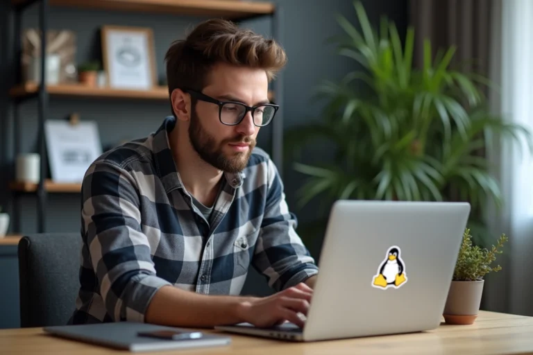 Jeune homme en plaid travaillant sur son ordinateur dans un bureau organisé