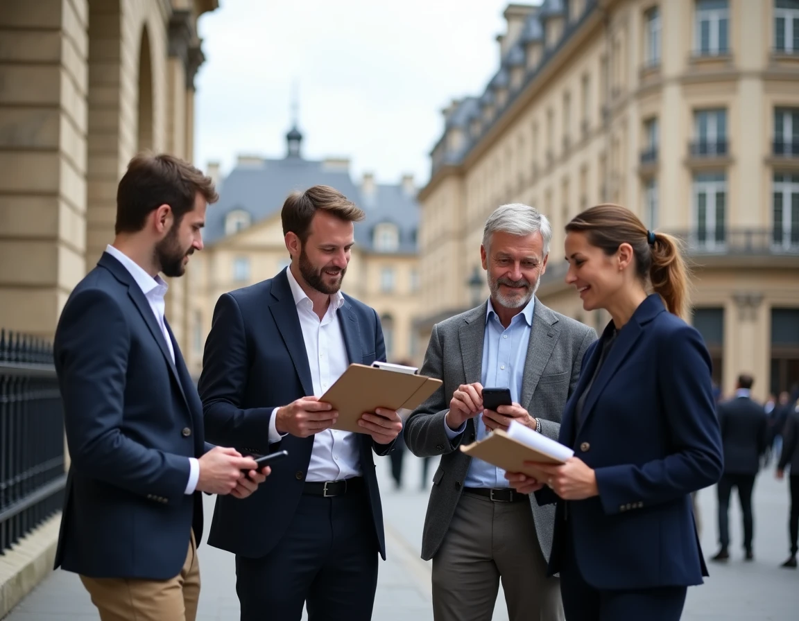 Groupe de journalistes français devant l'Assemblée Nationale à Paris discutant de l'actualité politique
