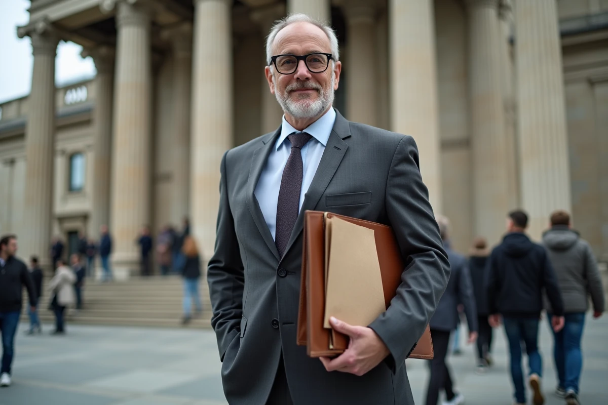 Juriste devant un palais de justice illustrant les concepts de droits patrimoniaux et personnels en droit civil français