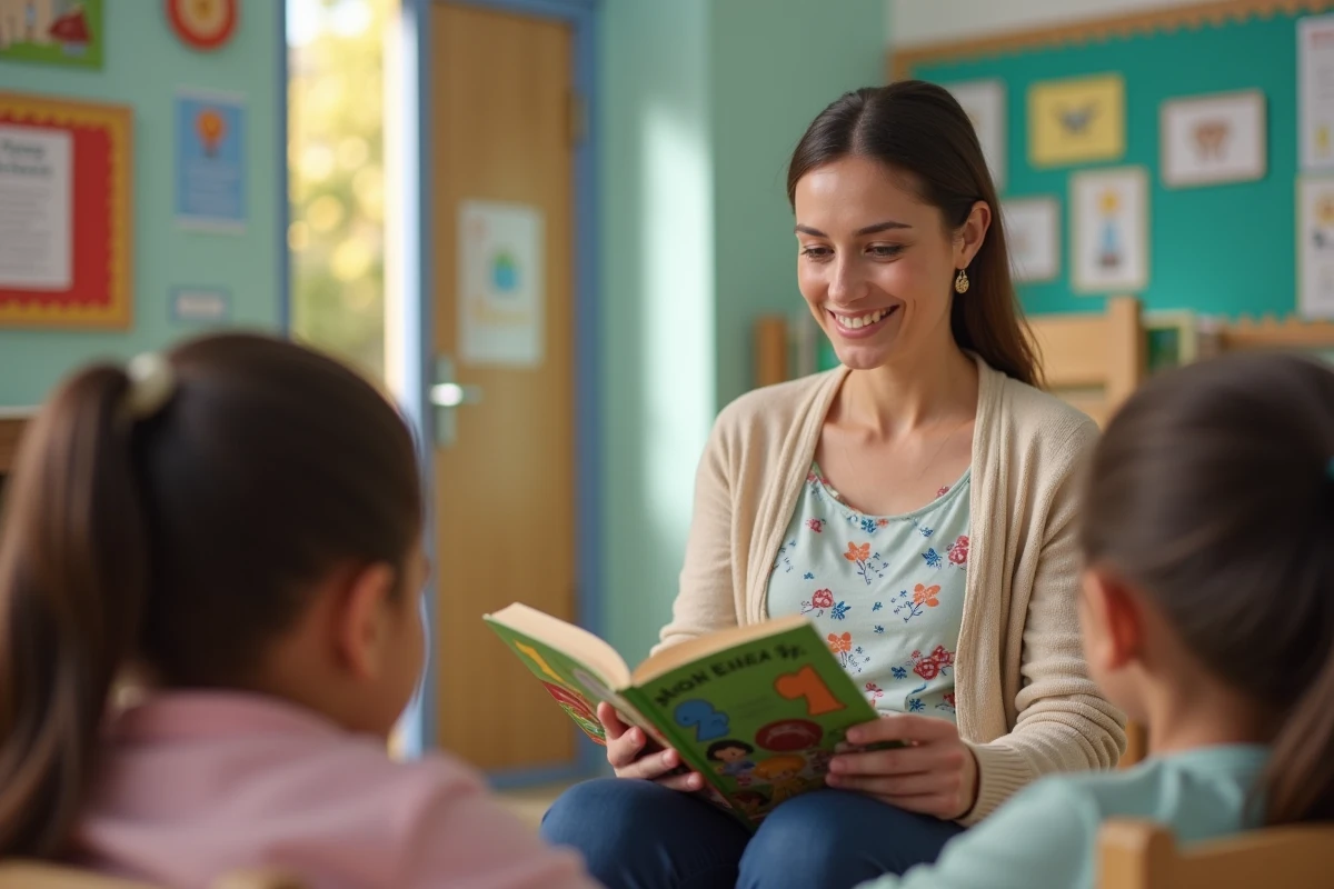 Assistante lisant une histoire aux enfants assis