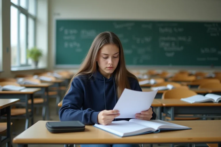 Lycéenne en seconde générale consultant sa note sur une copie dans une salle de classe