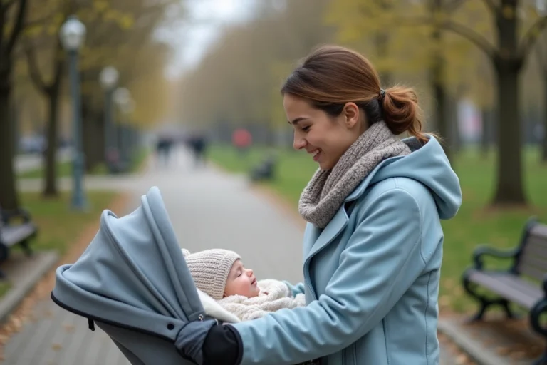 Jeune maman en parc avec son bébé en poussette