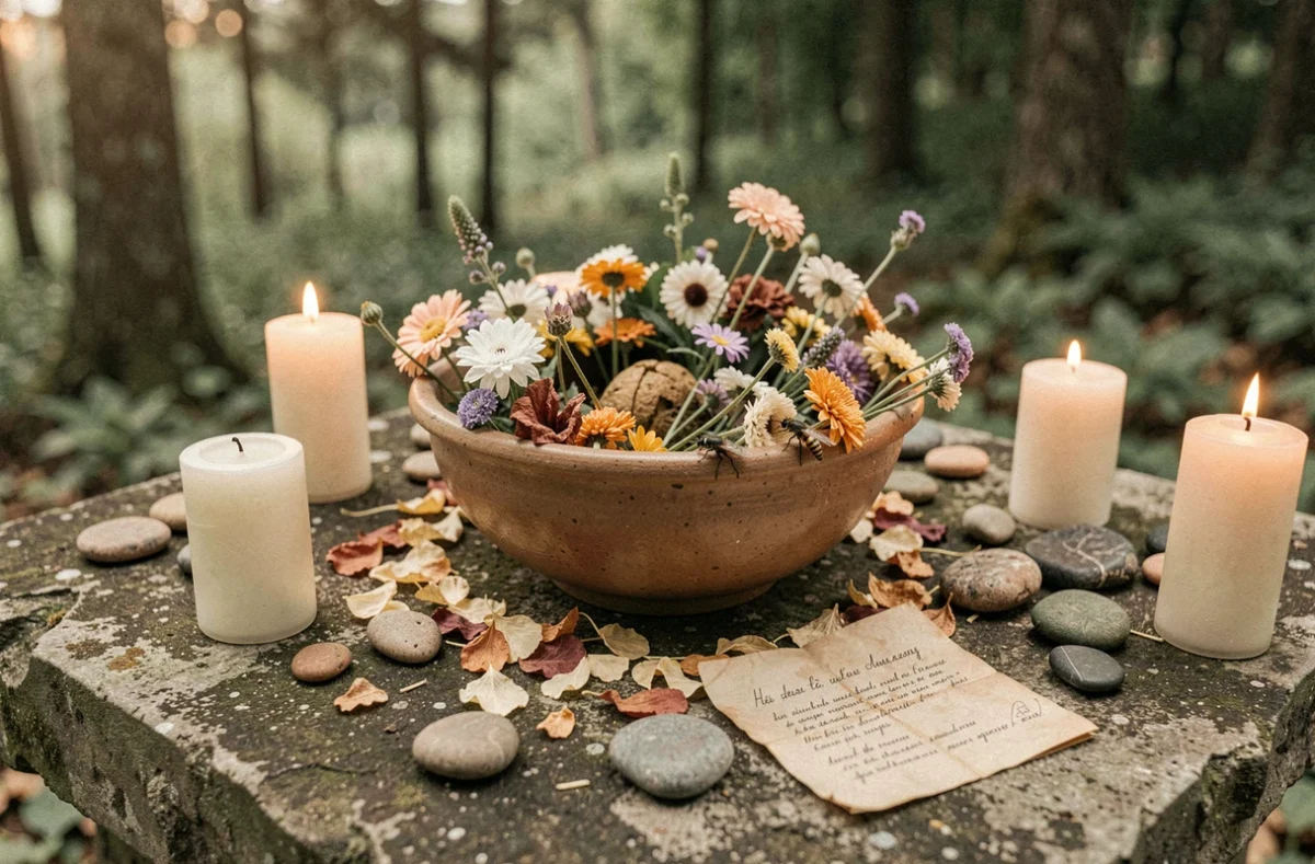 Mouche posée sur un autel naturel avec bols de fleurs séchées et bougies, rituel et symbolisme spirituel