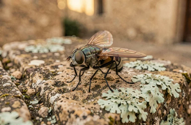 Mouche posée sur une vieille pierre en gros plan, symbolisme spirituel et interprétation ésotérique