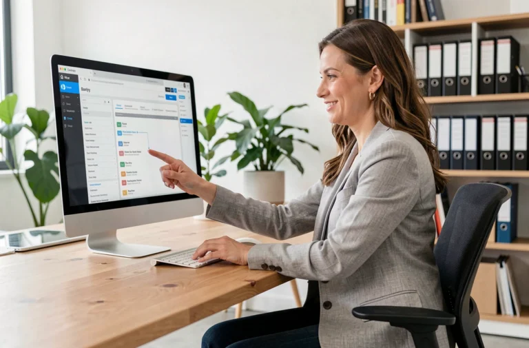 Femme consultant le plan du site d'un constructeur immobilier responsable sur un écran d'ordinateur dans un bureau moderne