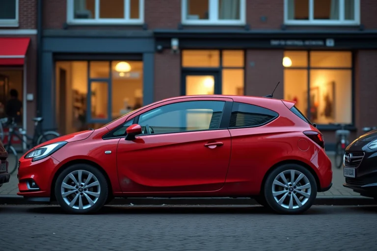 Opel Corsa rouge garée dans une rue résidentielle urbaine européenne, cible fréquente des voleurs de voitures