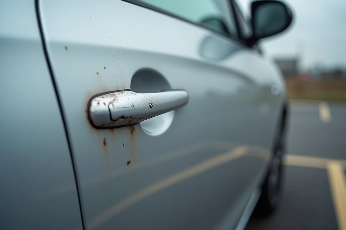 Gros plan sur la serrure endommagée d'une Opel Corsa argentée, traces de tentative d'effraction sur la poignée de porte