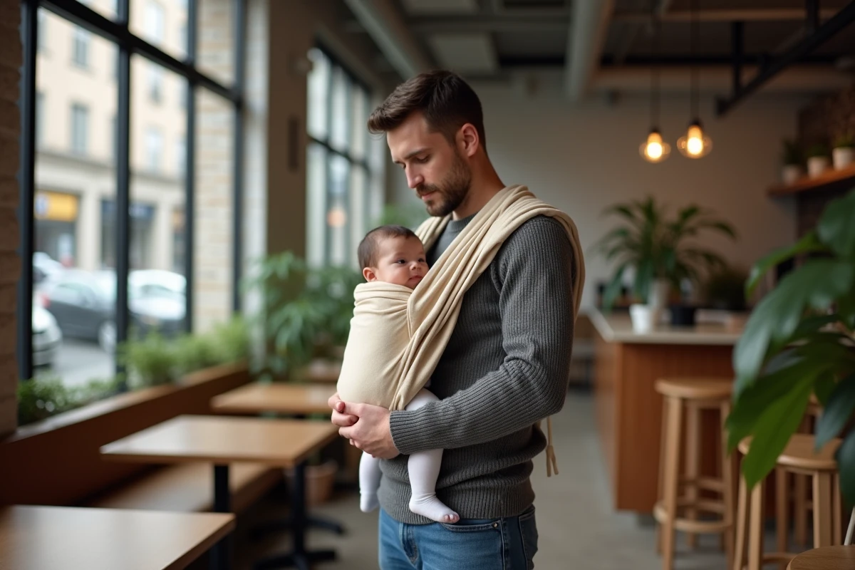 Père tenant son bébé dans un sling en café intérieur