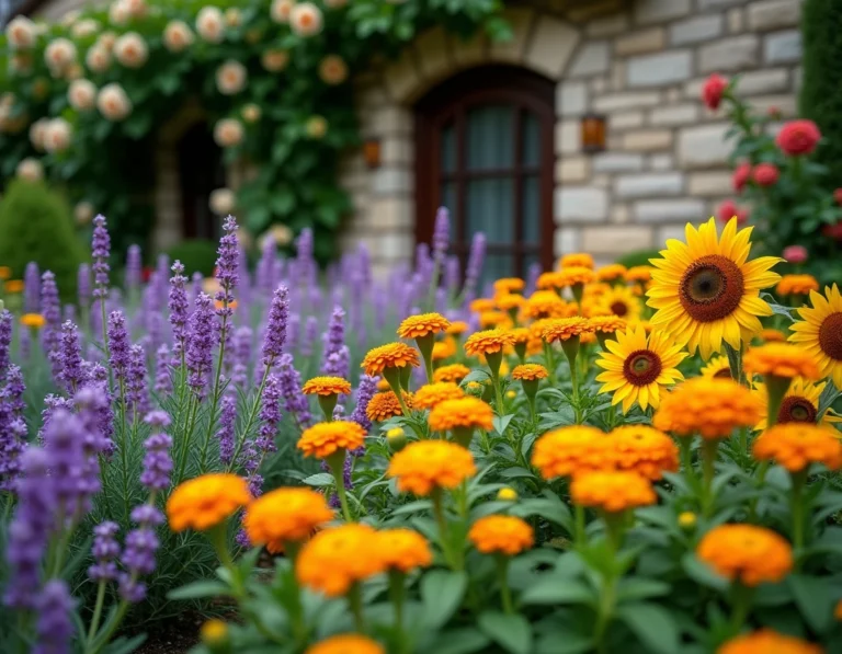Parterre de jardin fleuri avec lavande, soucis et tournesols en pleine floraison devant un mur en pierre