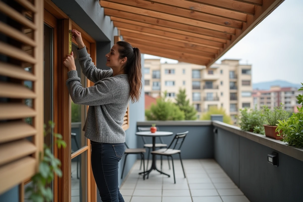 Femme installant une pergola à lames orientables sur un balcon pour se protéger des regards en hauteur et préserver son intimité extérieure