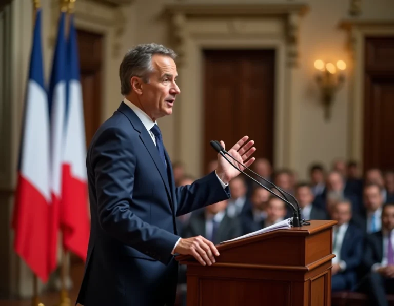 Homme politique français en costume marine prenant la parole à une tribune institutionnelle avec drapeaux tricolores en arrière-plan