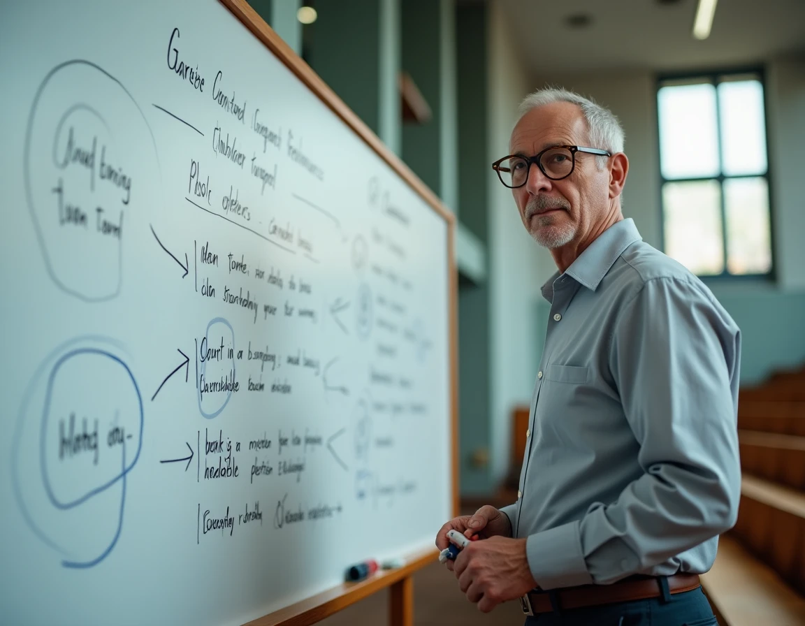 Professeur de droit expliquant la distinction entre arrêt d'espèce et arrêt de principe au tableau