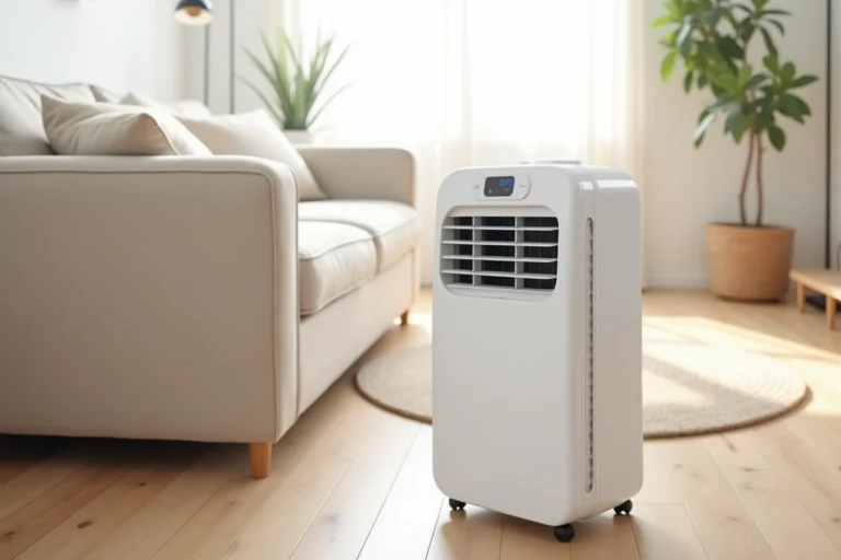 Rafraîchisseur d'air Ravanson KR-7010 posé dans un salon scandinave moderne avec canapé beige et parquet clair