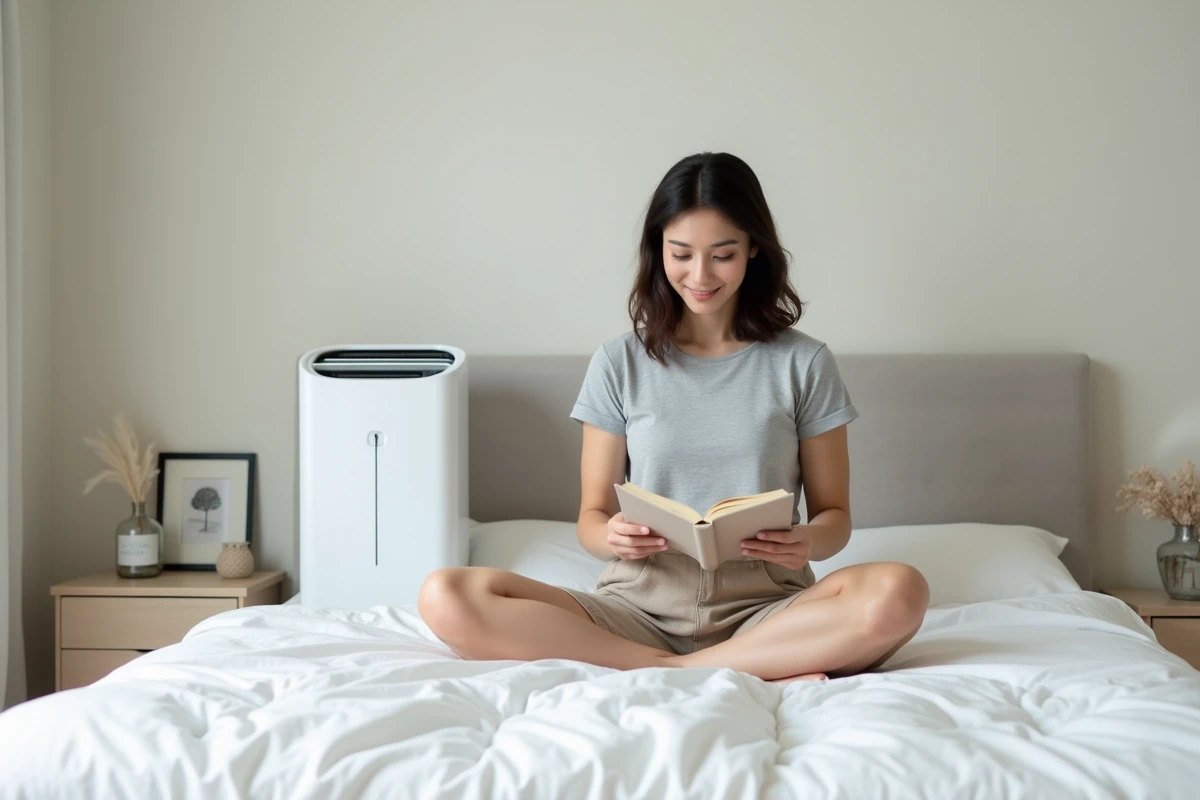 Femme utilisant un rafraîchisseur d'air Ravanson KR-7010 dans une chambre à coucher minimaliste pendant l'été