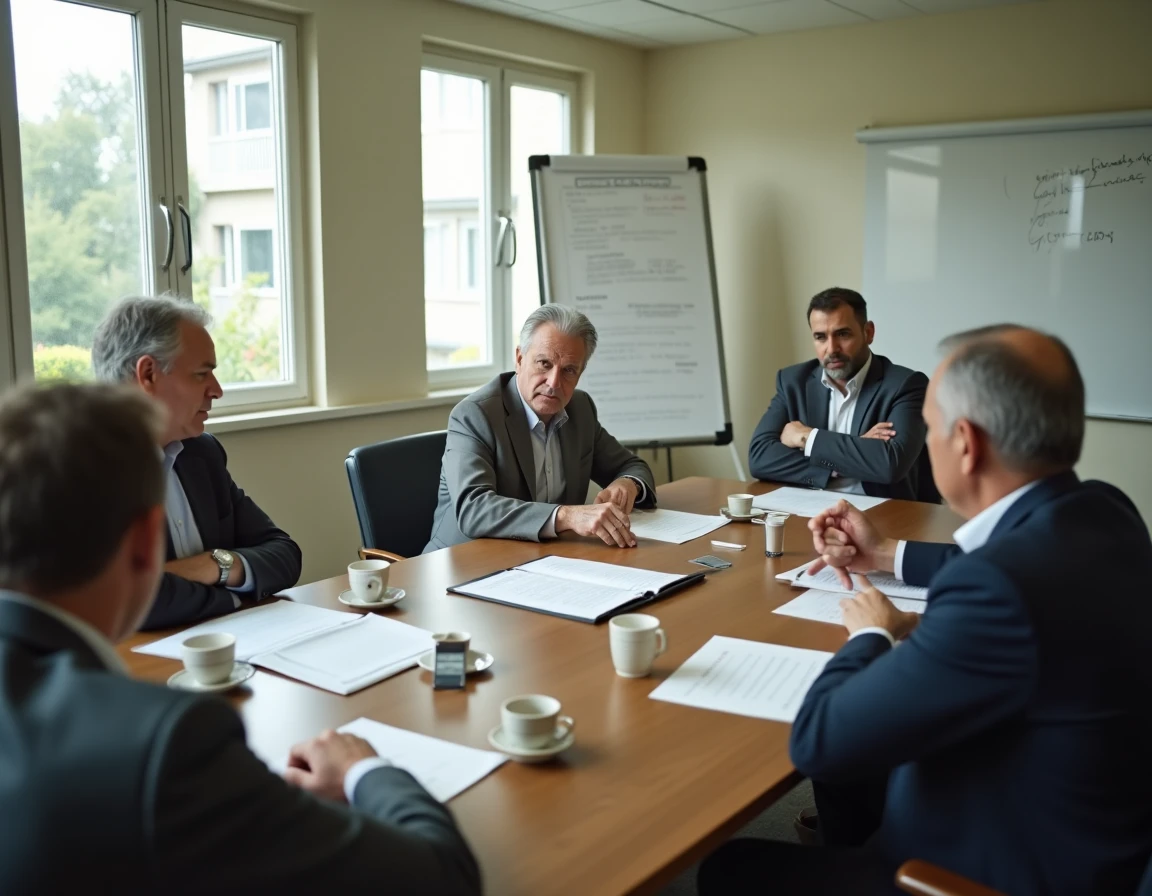 Réunion tendue du conseil syndical en copropriété avec des résidents en désaccord autour d'une table de conférence couverte de documents