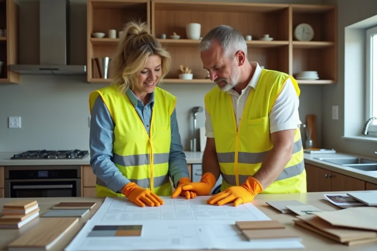 Femme et entrepreneur en rénovation dans une cuisine en travaux
