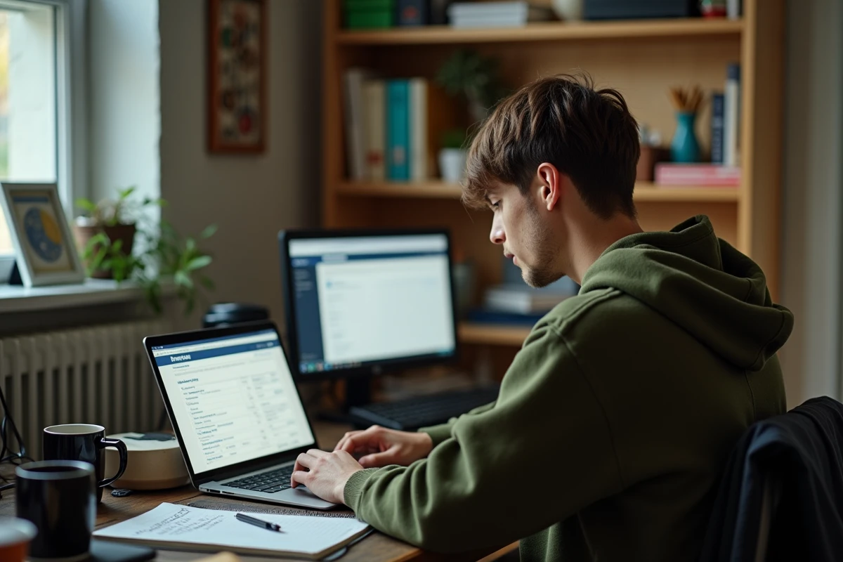 Personne seule utilisant un simulateur en ligne pour calculer le montant du RSA sur un ordinateur portable
