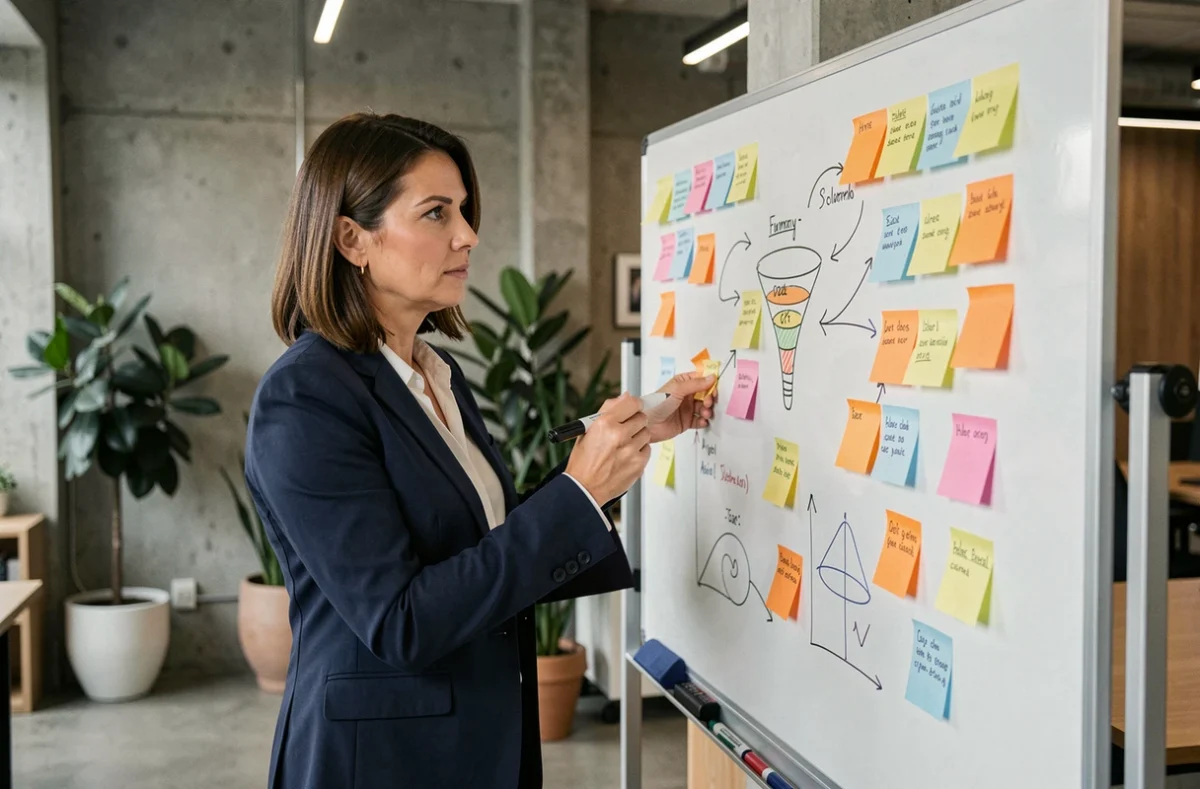Femme professionnelle présentant une stratégie marketing innovante devant un tableau blanc dans un bureau moderne