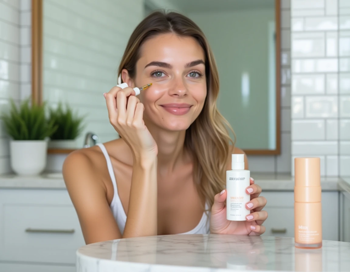 Jeune femme appliquant un sérum de beauté devant une coiffeuse en marbre dans une salle de bain contemporaine tendance
