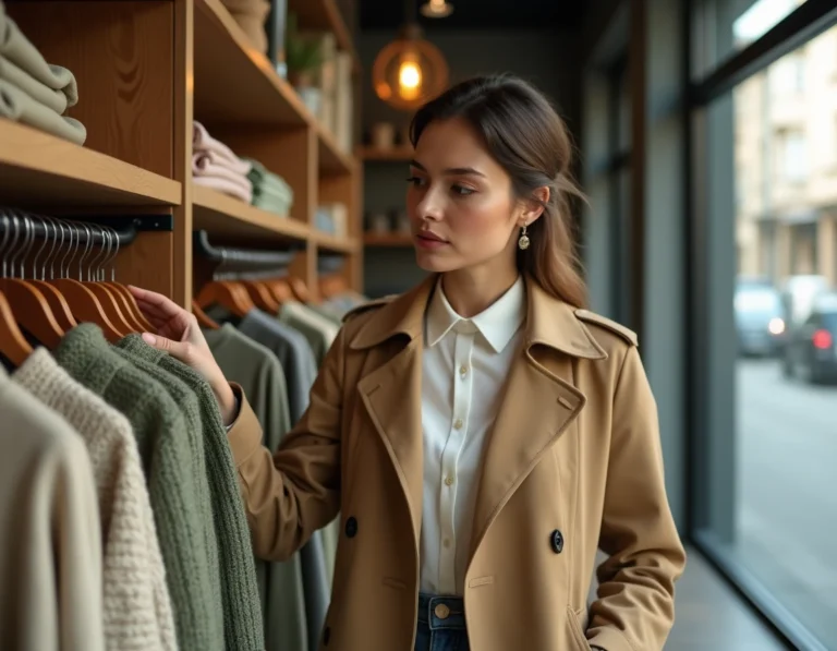 Femme élégante en trench coat camel explorant les nouvelles collections de vêtements dans une boutique de mode tendance