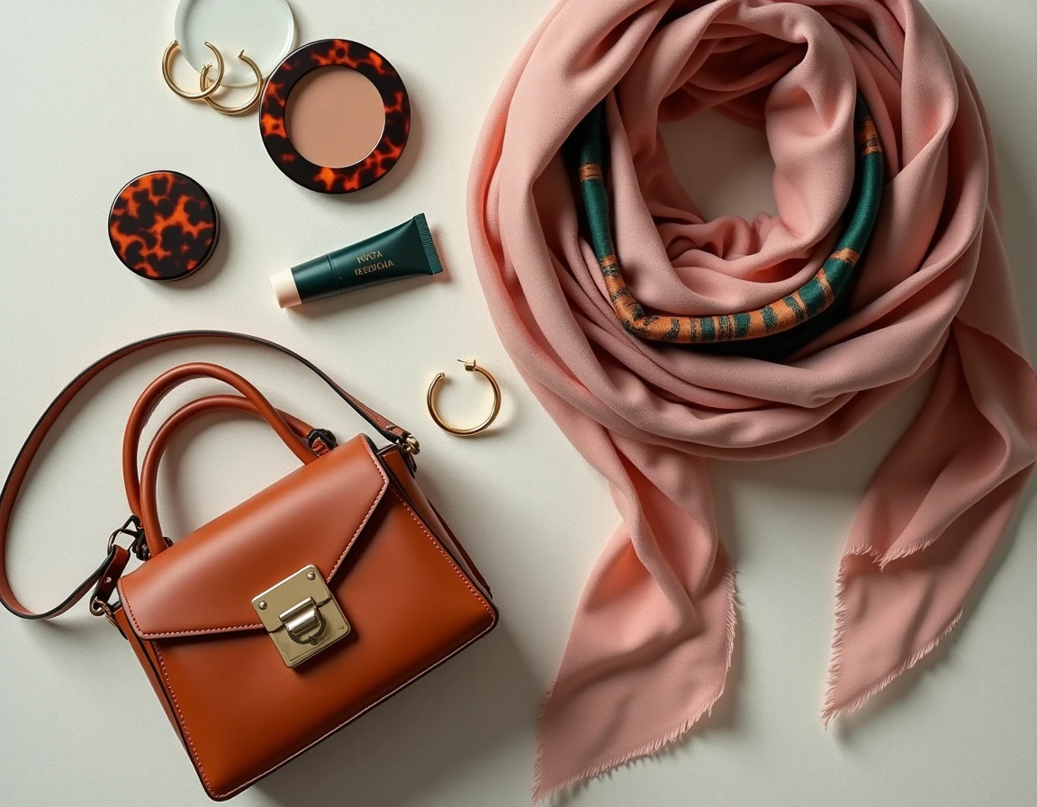 Flatlay soigné d'accessoires et produits de beauté tendance de la saison sur fond de lin, incluant sac, foulard soie et bijoux dorés