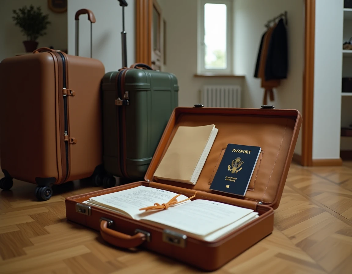 Valises et documents officiels prêts pour un départ à l'étranger avec des dettes en cours