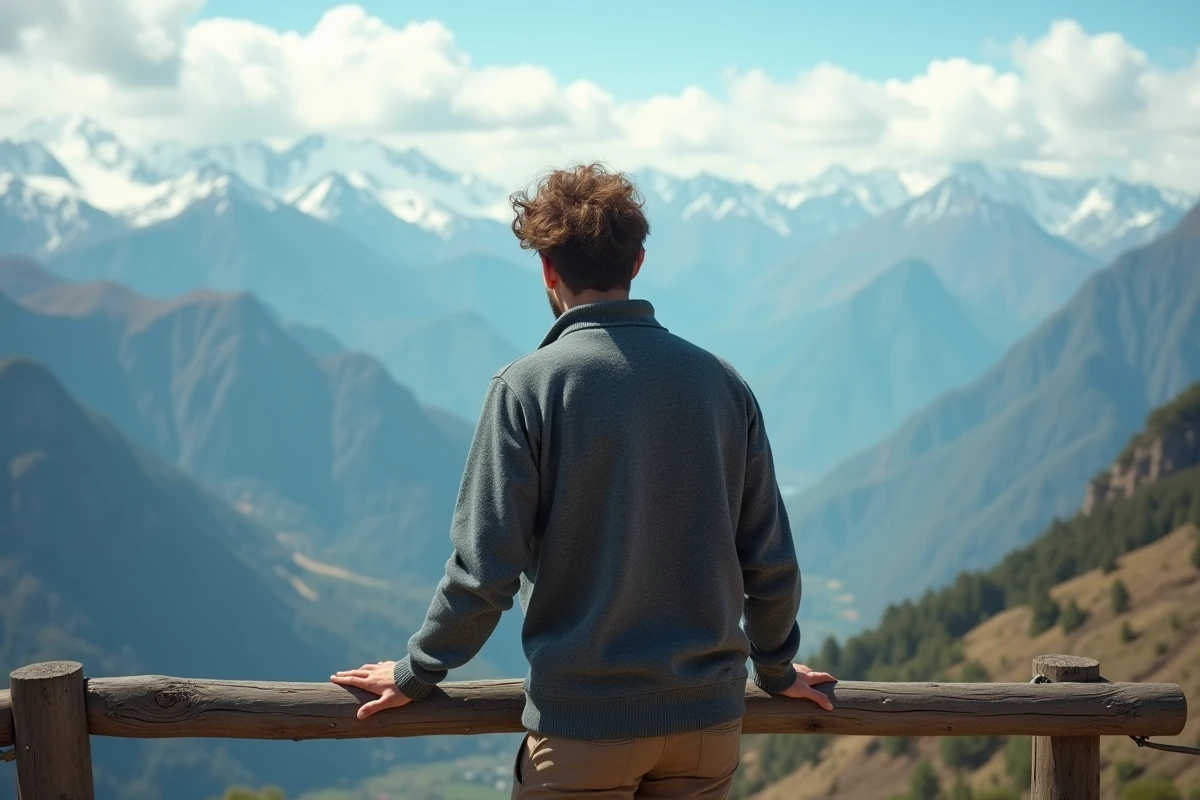 Voyageur solo masculin debout à un belvédère de montagne en Amérique du Sud, contemplant une vallée verdoyante avec des champs en terrasses et des sommets enneigés au loin.