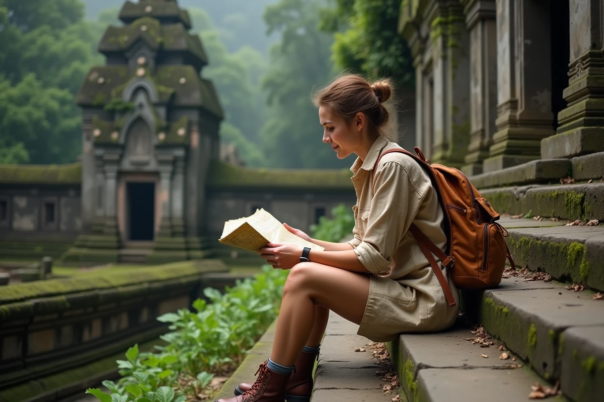 Voyageuse solo assise sur les marches d'un temple ancien en Asie du Sud-Est, consultant une carte papier avec un sac à dos, entourée de végétation tropicale et de pierres sculptées.